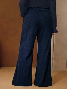 Anewsta 女士加大码藏蓝色灯芯绒喇叭裤，铆钉口袋设计，优雅商务休闲风，适合秋冬季穿着 - 藏蓝色 - 查看 4