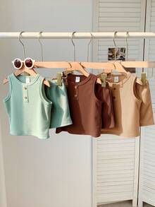 Loomiva 6pcs/Set Baby Boy Cute Casual Knit Vest & Shorts Set, Basic Multi-Pack, Summer - Multicolor - View 6