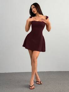 SHEIN PETITE 女士约会派对纯色红色迷你A字领丰满方领性感优雅收腰连衣裙 - 玫瑰紅 - 查看 5