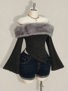 SHEIN ICON Plus Size Turtleneck Patchwork Off Shoulder Brown Y2K Vintage Knit Top - Dark Grey - View 5