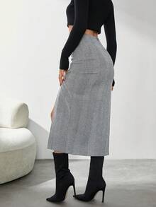 EURMUSE Casual Herringbone Pattern Split Hem Skirt For Autumn/Winter - Grey - View 2