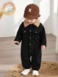 SHEIN 男婴保暖连体衣，加厚保暖高领长袖连体裤套装，舒适百搭休闲可爱简约基础款，适合秋冬季室内、室外、日常穿着、运动、玩耍、派对、万圣节等场合。