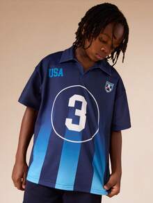 SUMWON Boys Oversized Collared Polo Shirt With USA Text And Number 3 Circle Print Front Casual Streetwear Vacation - Royal Blue - View 4