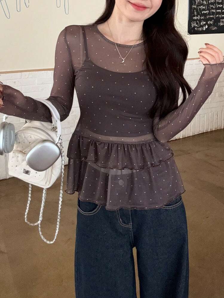Women's Casual Sheer Polka Dot Print Long Sleeve T-Shirt,Going Out Tops For Women