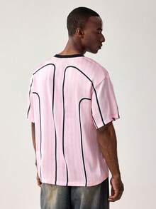 TOM & JERRY X SHEIN Men's Casual Striped Letter Print V-Neck Short Sleeve T-Shirt, Summer - Pink - View 2