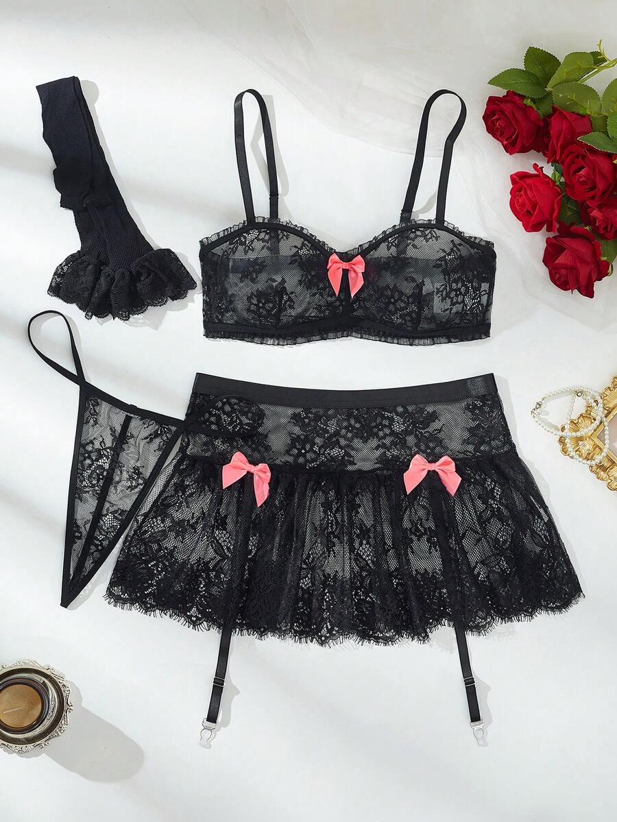 5pcs/Set Romantic Lace Bow Decor Sexy Lingerie Set For Going Out, Baddie Look - Black - View 1