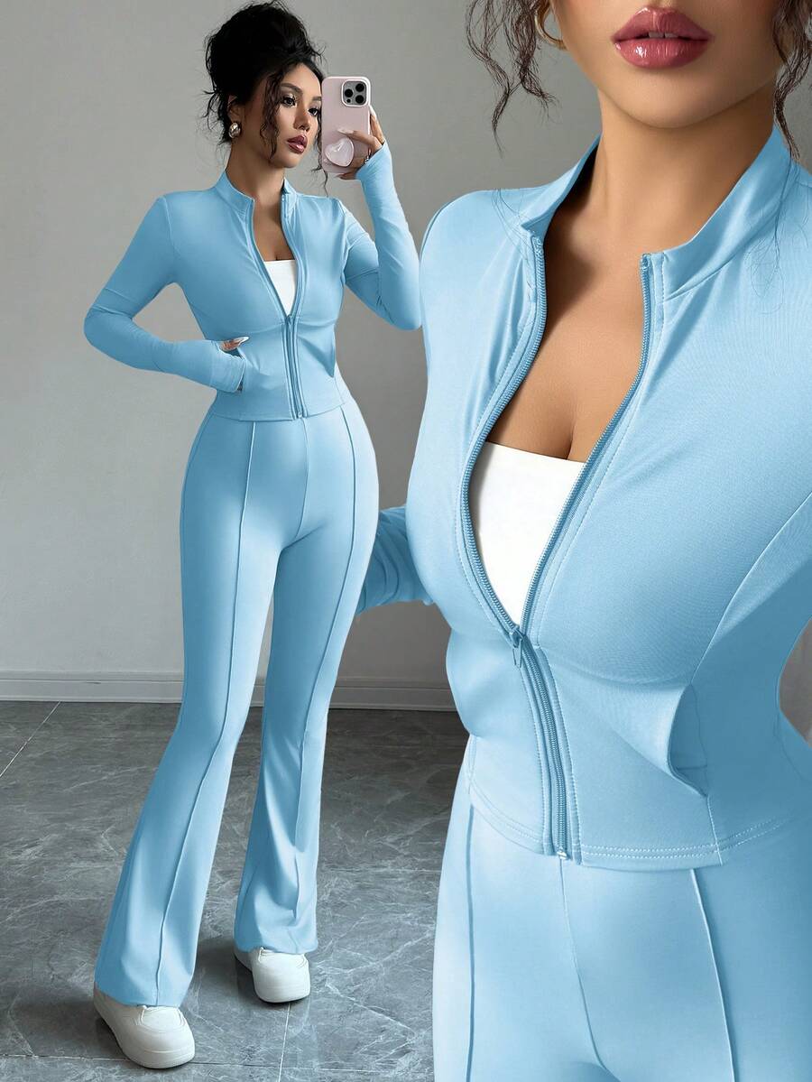 Gloray Women's Tight-Fitting Zip-Up Cropped Jacket With Mandarin Collar And Flared Pants 2 Pieces Set - Teal Blue - View 1