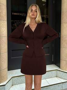 Aloruh Women's Elegant Front Hook Gigot Sleeve Top And High Waist Bodycon Skirt 2 Pieces Outfit Set, Black - Brown - View 1