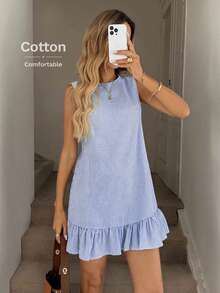 SHEIN LUNE 女式蓝白条纹荷叶边下摆无袖圆领迷你连衣裙 - 藍白色 - 查看 3