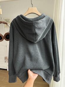 SHEIN EZwear 大码女式纯色休闲连帽拉链长袖修身卫衣，秋冬季女式连帽上衣卫衣灰色外套拉链卫衣 - 深灰色 - 查看 2