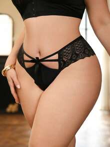Seduluxe 1 Peça Calcinha Sexy de Renda com Laço Decorativo para Mulheres Plus Size - Preto - Visão 5
