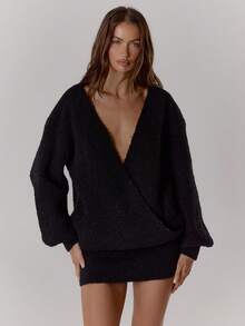 MUSERA Oversized Wrap Over Front Fitted Cuff Knit Mini Dress Autumn Winter Knitwear Casual Going Out Sexy Everyday Night Out Cute  Cosy   Valentines Spring - Black - View 1