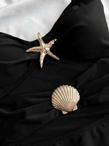 SHEIN Tween Girl Casual Vacation Black 1pc Detachable Strap Hollow Starfish Accent Ruched One-Piece Swimsuit, Summer Beach