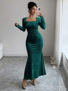 Elenzga 女士高领丝绒金色弹力针织修身连衣裙，优雅法式褶皱腰身鱼尾裙摆，适合工作、约会、派对等场合，长袖，及踝长度，秋冬季款 - 墨綠色 - 查看 3