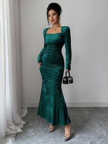 Elenzga 女士高领丝绒金色弹力针织修身连衣裙，优雅法式褶皱腰身鱼尾裙摆，适合工作、约会、派对等场合，长袖，及踝长度，秋冬季款 - 墨綠色 - 查看 7