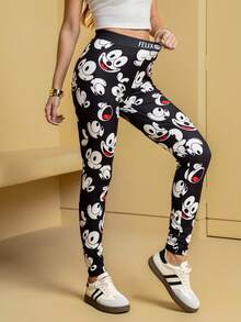Felix The Cat X SHEIN Women's Elastic Letter & Cartoon Pattern Leggings - Black - View 1