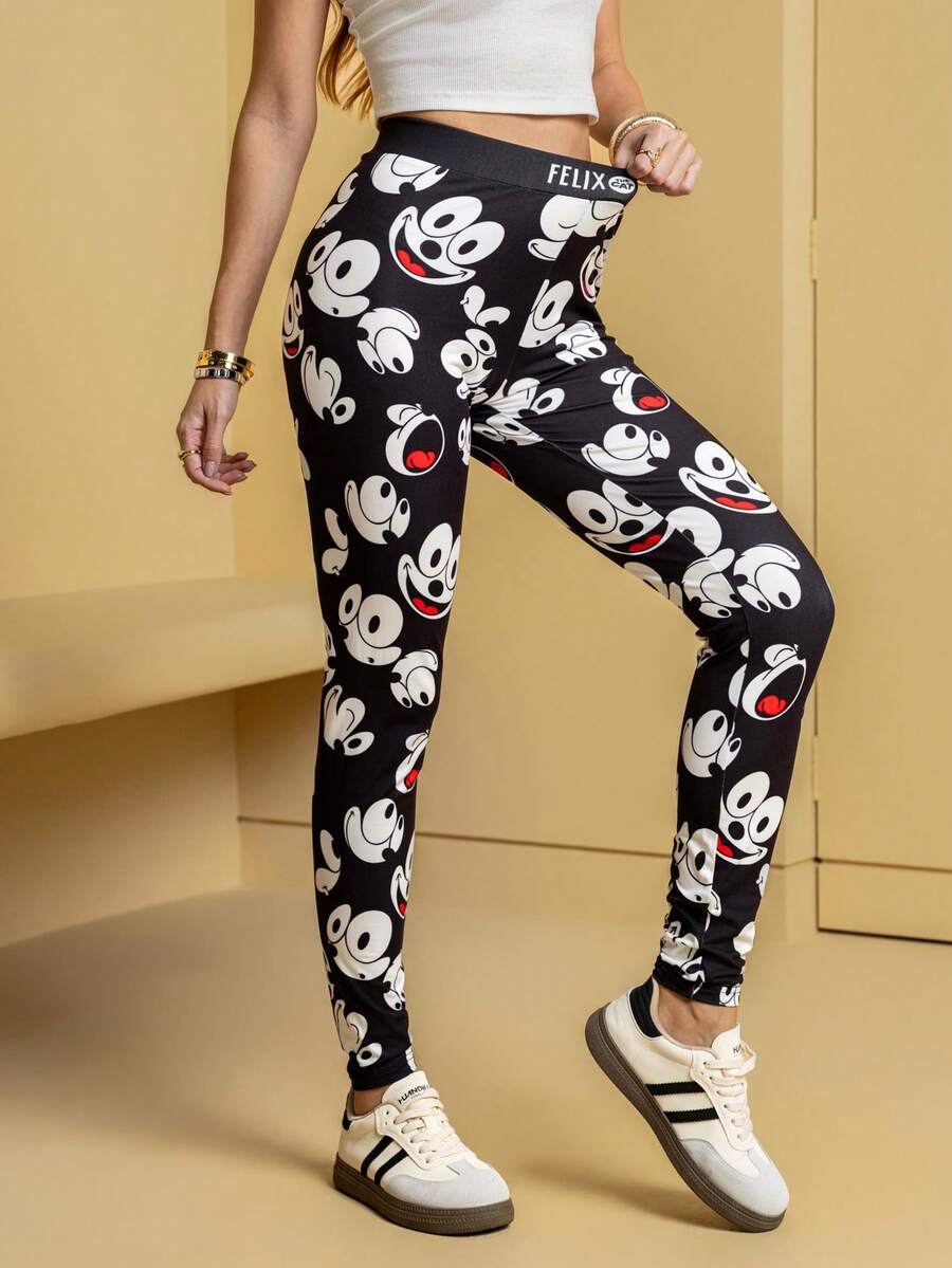 Felix The Cat X SHEIN Women's Elastic Letter & Cartoon Pattern Leggings - Black - View 1