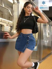 SHEIN PETITE 女款純色繞腰休閒牛仔短褲，夏季百搭，適合嬌小女性 - 藍色 - 查看 6