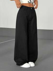 SHEIN PETITE Casual Versatile Solid Color Wide Leg Jeans - Black - View 5