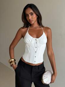 Aloruh Women's Casual Elegant Sexy Romantic Date Y2K Bowknot Halter Backless Camisole Top, Spring/Summer - White - View 6