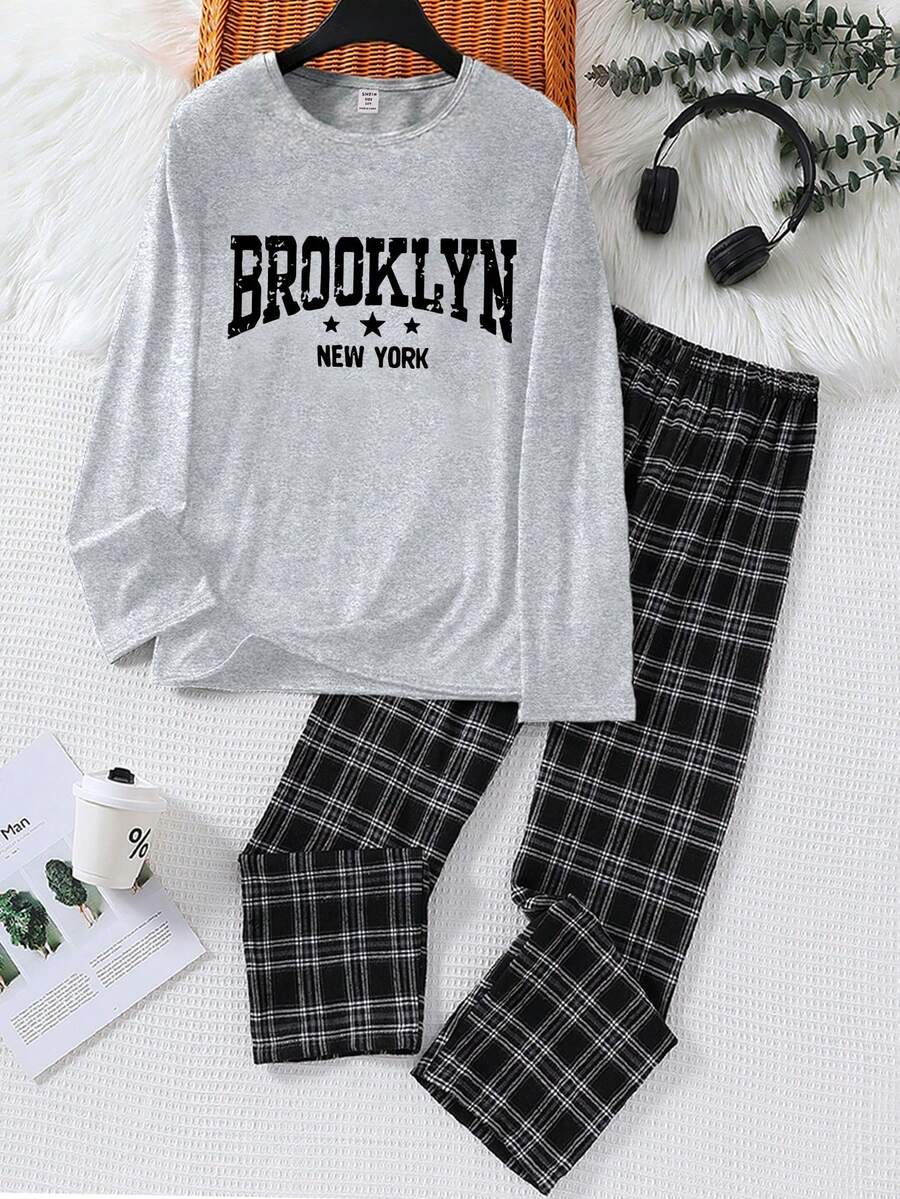 2pcs/Set Tween BoysRound Neck Long Sleeve T-Shirt With White Game Console Graphic And Loose Plaid Pants, Comfortable Knit Casual Pajama Set - Multicolor - View 1