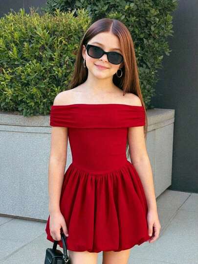 Firerie Kids Tween Girls Off-Shoulder Cinched Waist Princess Dress, Casual Everyday Wear, Formal Attire, Party Dress, Birthday & Sibling Outfit, Suitable For Girls' Daily Wear, Holidays, Family Gatherings And Special Occasions, Sibling Style, Spring/Summer, Cute, Elegant, Sweet, Retro, Fashionable. Matching For Mom And Daughter, Sisters