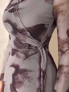 Modelyn 女士扎染印花网纱长袖连衣裙，腰部系带，褶裥下摆，优雅大气，适合秋冬季穿着 - 彩色 - 查看 8