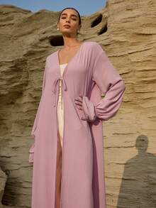 Graceveil 女士宽松系带蝴蝶结双层荷叶袖设计长袍，舒适春夏款 - 粉色 - 查看 7