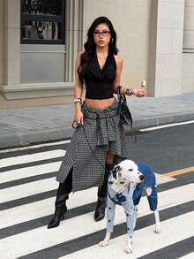 Muchica 1pc Women's Black Knit Halter Neck Tank Top - Black - View 6