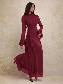 SHEIN Tall 女士优雅咖啡棕色长袖高领荷叶边连衣裙，适合约会、派对、正式场合、秋冬季穿着。 - 酒紅色 - 查看 3