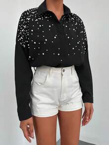 EURMUSE 100%Cotton Pearls Beaded Drop Shoulder Shirt - Black - View 5