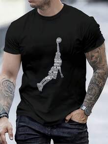 Versatile Baggy Short Sleeve T-Shirt With Fun Basketball Print, Ideal For Vacation, Work And Use - Black 11 - View 2