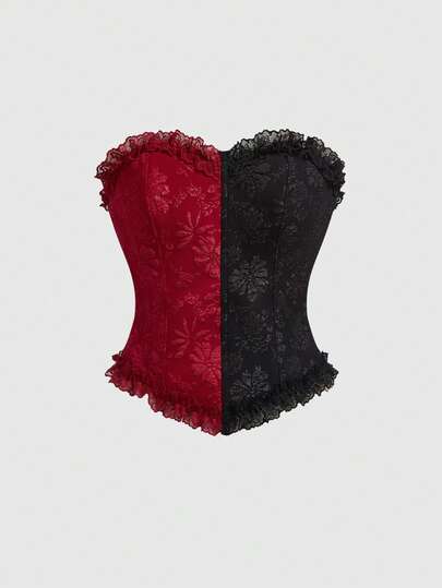 Goth Top corto con corsé de jacquard rojo y negro con mangas de campana de encaje estilo gótico