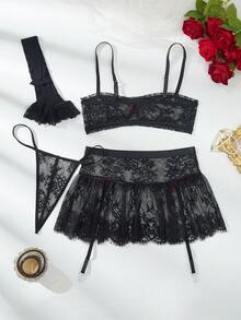 5pcs/Set Romantic Lace Bow Decor Sexy Lingerie Set For Going Out, Baddie Look - Black - View 2