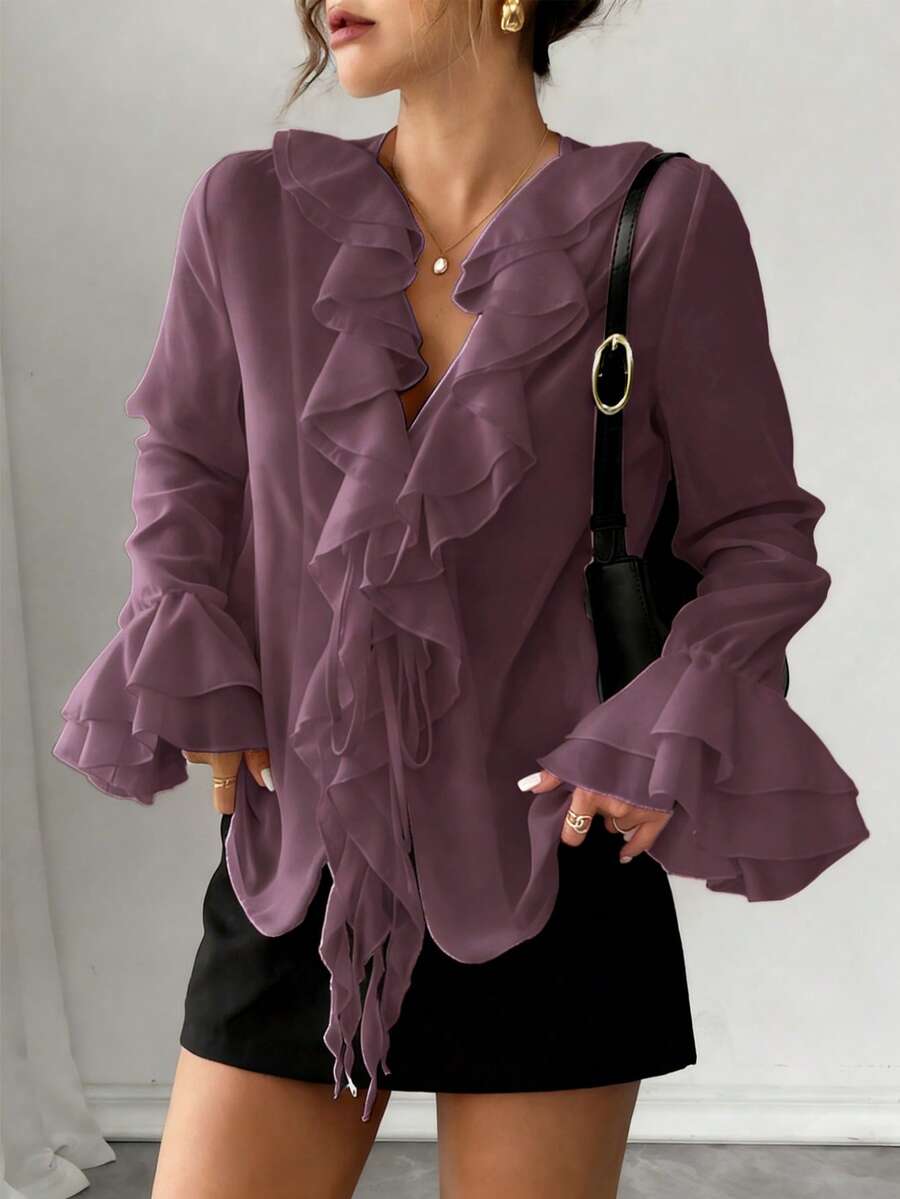 Rafferiza Elegant French Chiffon Lantern Sleeve V-Neck Tie Front Loose Casual Blouse For Women, Autumn