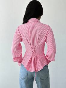 Firerie 女士粉白条纹长袖衬衫，系带腰身，休闲通勤衬衫，度假衬衫，收腰条纹衬衫，适合春、夏、秋、冬四季穿着，优雅，度假风，波西米亚风，工作装 - 粉色 - 查看 2