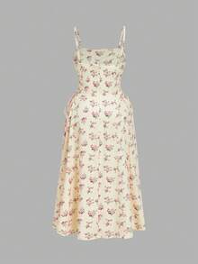 SHEIN MOD Vestido longo feminino plus size com estampa floral e alças com laço, ideal para o verão, formaturas, ocasiões formais e eventos sociais. Perfeito para o verão, festas e eventos formais. Vestido em tons pastel para mulheres. - Amarelo - Ver 3
