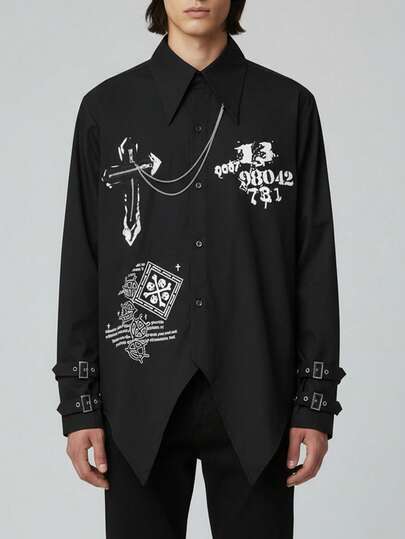 Street Life Chemise à manches longues pour hommes, style décontracté de rue punk, avec imprimé slogan croix sombre, décoration de chaîne et ourlet asymétrique
