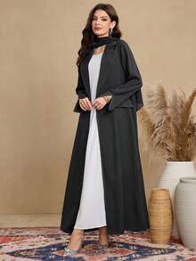 Al Najma Women's Retro Topstitching Windbreaker, Lapel Single-Breasted Loose Long Robe For Daily Wear Abayas - Black - View 4