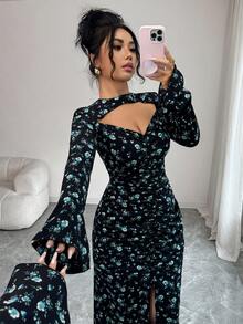 SHEIN Raffinéa Đầm dài tay thanh lịch cổ khoét eo xếp ly xẻ tà dành cho nữ - màu đen - Xem 6
