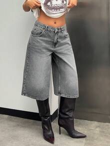 EURMUSE GREY LOW WAIST BAGGY BERMUDA JORT SHORTS Cowboy Work Gray Jeans Cowgirl Jeans Wide Leg Baggy Jeans Y2k Oversized Jeans Jeans Women Baggy Rodeo Cropped Jeans Baggy Jeans Women Womens Jeans Loose Jeans Wide Leg Jeans Streetwear - Grey - View 5