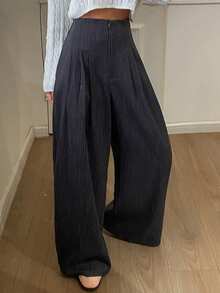 Livesso 女士休闲条纹褶裥拉链阔腿宽松裤，秋冬款 - 灰色 - 查看 1