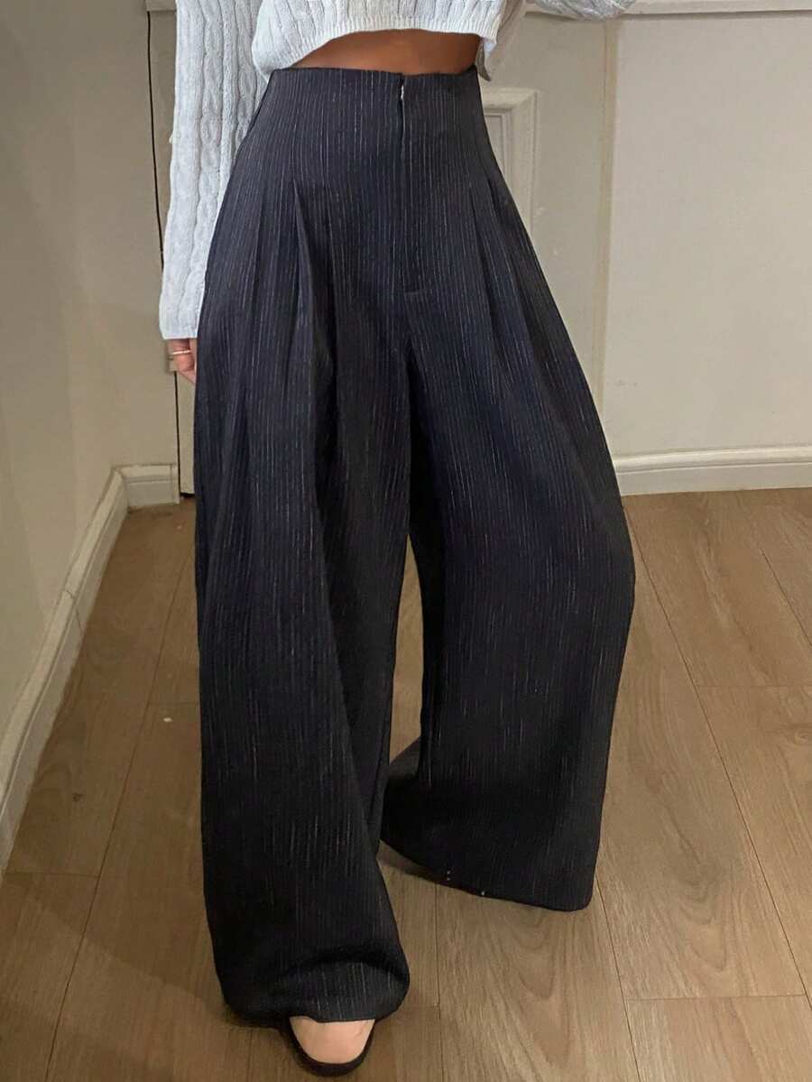 Livesso 女士休闲条纹褶裥拉链阔腿宽松裤，秋冬款 - 灰色 - 查看 1