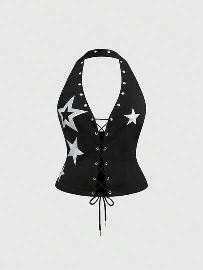 Grunge Punk Maglietta estiva alla moda con stampa a stelle, senza schienale e con incrocio sul retro, taglie comode