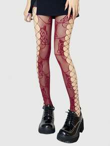 ROMWE Avant 1双性感花卉蕾丝渔网袜，复古酒红色侧镂空连裤袜，轻薄弹力半透明丝袜 - 側邊鏤空酒紅 - 查看 4