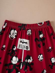SHEIN Felix The Cat Tween Girl Cartoon Print Button Front Short Sleeve Top And Pants Pajama Set, Summer - Red - View 9