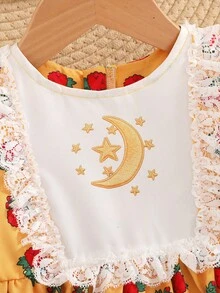 SHEIN Middle Eastern Style Puff Sleeve A-Line Burgundy Rose Star & Moon Print Lace Trim Dress - Yellow - View 4