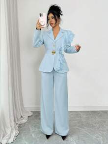 Elenzga Women's Autumn/Winter Formal Elegant Luxury Sequin Organza Ruffle Collar Belted Fitted Long Sleeve Blazer Jacket + Straight Leg Pants 2-Piece Suit Set, Burgundy