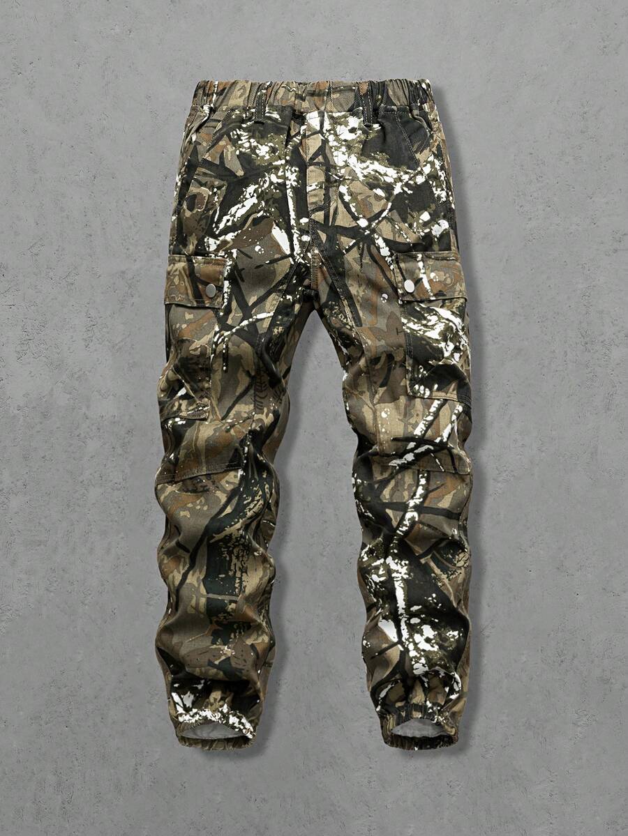 Denimly 男童时尚休闲迷彩牛仔裤,松紧腰带,工装口袋,宽松版型,水洗军绿色 - 綠色 - 查看 1