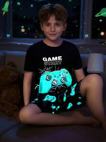 SHEIN Bộ 2 món/Bộ đồ ngủ tay cầm chơi game neon tối giản cổ tròn tay ngắn họa tiết đồ họa cho bé trai tuổi teen, thoải mái, thân thiện với làn da, giản dị, phong cách sinh viên, đa năng, vải mềm, thích hợp mặc hàng ngày, ở nhà, ngày lễ, xuân/hè - màu đen - Xem 3